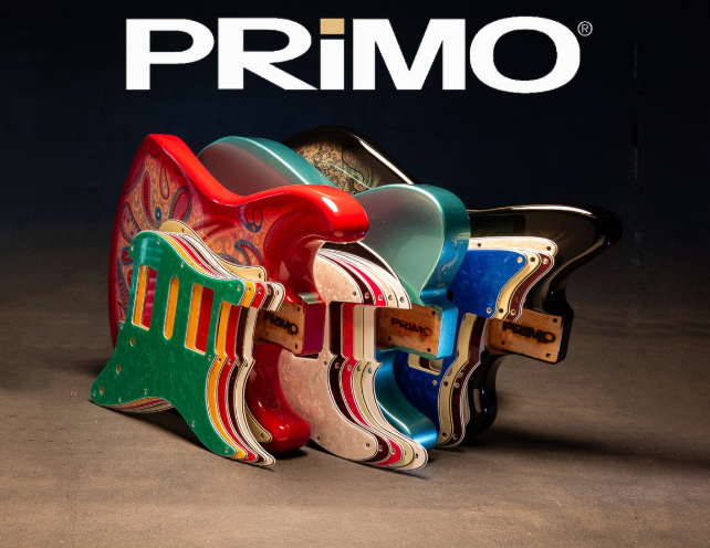 guitar bodies and pickguards with the word primo across the top